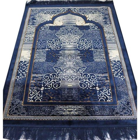 Muslim Prayer Rug - Islamic Plush Velvet Turkish Carpet Janamaz Sajadah Free Prayer Cap Elegant Swirl (Blue)